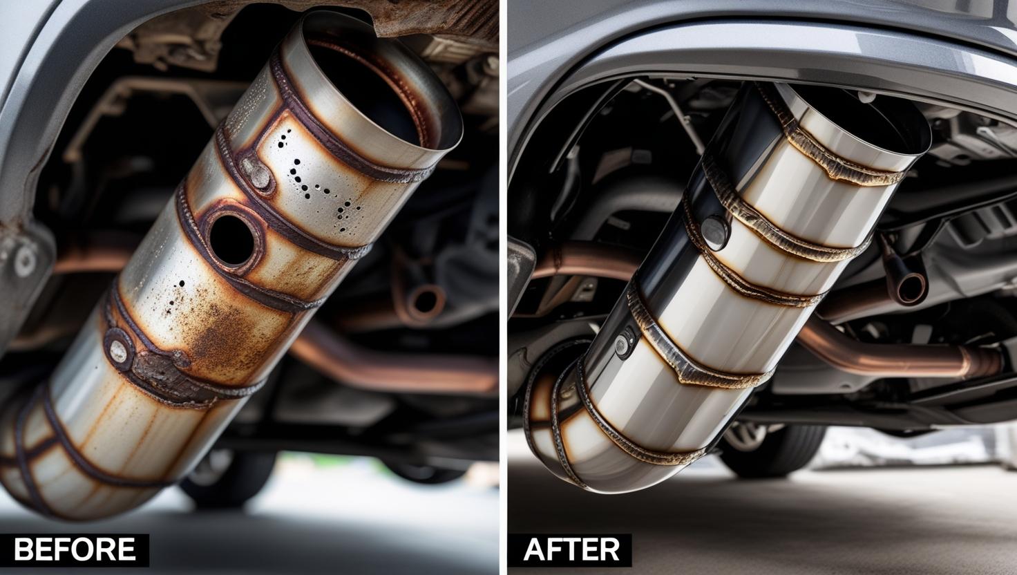Exhaust system before and after repair